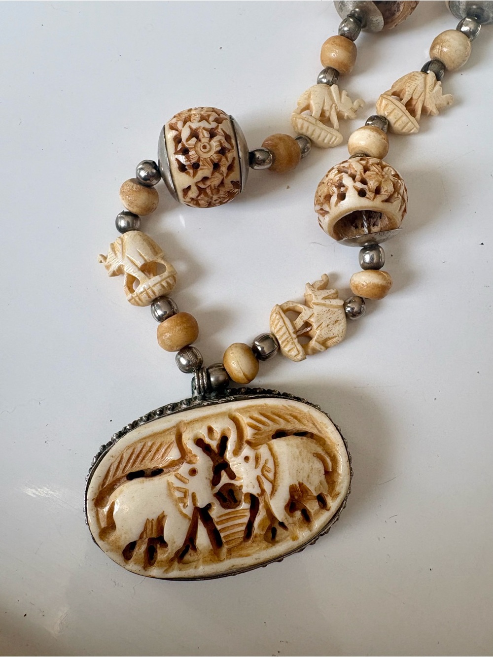 Vintage Hand-Carved Bovine Bone Elephant Statement Necklace